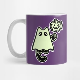 Little Ghost Cat with a Jack O' Lantern Mug